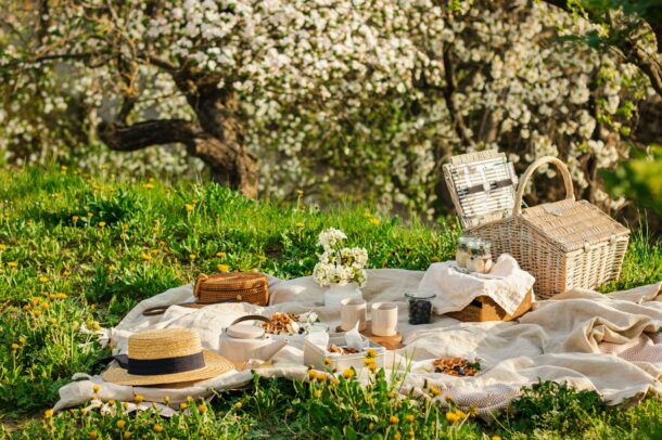Spring picnic with waffles in blooming garden